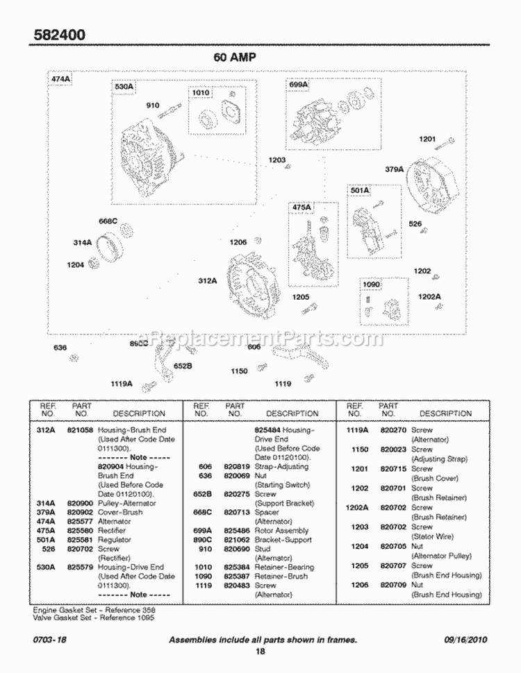 Alternator - 60 Amp Diagram and Parts List for 582447-0476-E2  Briggs and Stratton Engine